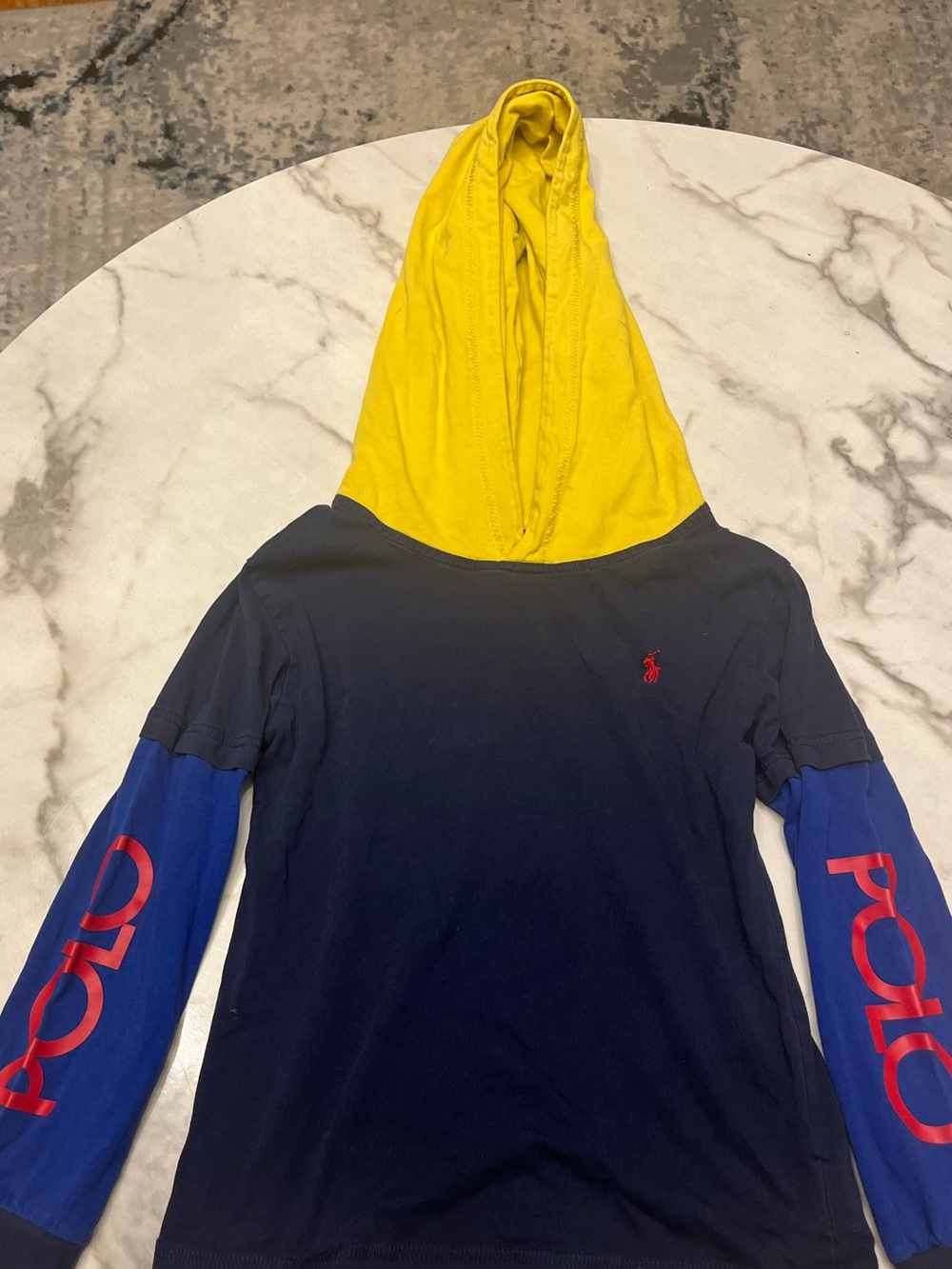 Kids Polo by Ralph Lauren Navy Shirt Hoodie with Yellow Hood and Blue Sleeves